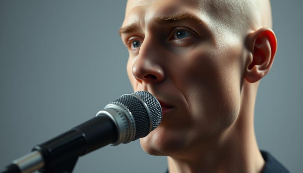 A close-up of a human head with a microphone positioned near the mouth, representing the concept of "clonage vocal" or voice cloning. The subject's expression is neutral, conveying a sense of technological capabilities. The background is blurred, placing the focus on the head and microphone. The lighting is soft, creating a professional, studio-like atmosphere. The camera angle is slightly low, adding a sense of authority and expertise to the image. A close-up of a human head with a microphone positioned near the mouth, representing the concept of "clonage vocal" or voice cloning. The subject's expression is neutral, conveying a sense of technological capabilities. The background is blurred, placing the focus on the head and microphone. The lighting is soft, creating a professional, studio-like atmosphere. The camera angle is slightly low, adding a sense of authority and expertise to the image.