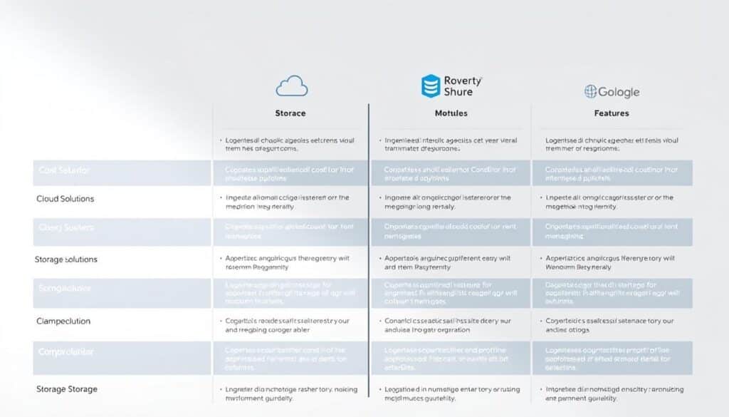A detailed comparison of cloud storage solutions, showcasing their key features and functionalities. The image depicts a sleek, minimalist design with clean lines and a neutral color palette, allowing the storage solution icons and infographic elements to take center stage. The layout is organized and visually appealing, with a balance of text and graphical elements that provide a clear and concise overview of the solutions. The lighting is soft and diffused, creating a professional and informative atmosphere. The camera angle is slightly elevated, providing a comprehensive view of the comparative information. The overall mood is one of clarity, efficiency, and technical expertise.