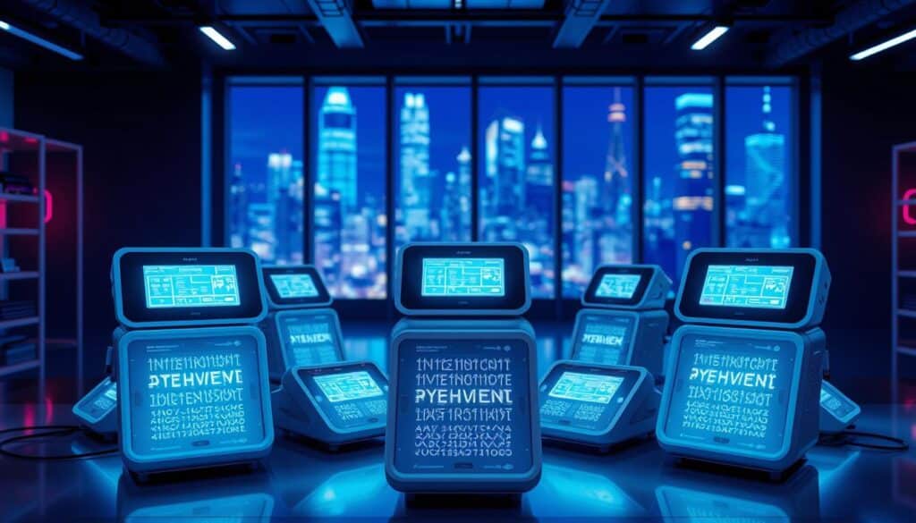 A futuristic laboratory setting with several AI voice generators arranged in a semi-circular formation. The devices have sleek, minimalist designs with glowing panels and holographic interfaces. The lighting is a mix of cool blues and purples, creating an atmospheric, technological ambiance. The background features a blurred cityscape visible through large windows, hinting at the advanced nature of the technology. The camera angle is slightly elevated, giving a sense of scale and importance to the voice generators. The overall mood is one of cutting-edge innovation and the promise of transformative AI-powered audio solutions. A futuristic laboratory setting with several AI voice generators arranged in a semi-circular formation. The devices have sleek, minimalist designs with glowing panels and holographic interfaces. The lighting is a mix of cool blues and purples, creating an atmospheric, technological ambiance. The background features a blurred cityscape visible through large windows, hinting at the advanced nature of the technology. The camera angle is slightly elevated, giving a sense of scale and importance to the voice generators. The overall mood is one of cutting-edge innovation and the promise of transformative AI-powered audio solutions.