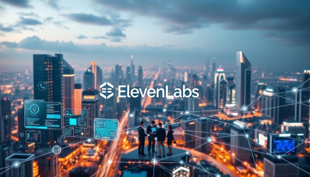 A futuristic technology web featuring the ElevenLabs logo, set against a backdrop of a bustling city skyline. In the foreground, a sleek and minimalist interface showcases various AI-powered features, with vivid holographic displays and dynamic data visualizations. The middle ground features a team of engineers and researchers collaborating on cutting-edge projects, surrounded by a web of interconnected nodes and circuits. The background depicts a cityscape bathed in warm, futuristic lighting, conveying a sense of progress and innovation. The overall atmosphere is one of advanced technology, seamless integration, and the pursuit of groundbreaking AI solutions. A futuristic technology web featuring the ElevenLabs logo, set against a backdrop of a bustling city skyline. In the foreground, a sleek and minimalist interface showcases various AI-powered features, with vivid holographic displays and dynamic data visualizations. The middle ground features a team of engineers and researchers collaborating on cutting-edge projects, surrounded by a web of interconnected nodes and circuits. The background depicts a cityscape bathed in warm, futuristic lighting, conveying a sense of progress and innovation. The overall atmosphere is one of advanced technology, seamless integration, and the pursuit of groundbreaking AI solutions.