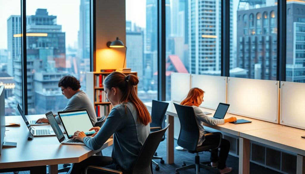 A modern, professional office interior with sleek desks and chairs. In the foreground, three students intently focused on their laptop screens, using AI-powered writing and research assistants. The middle ground features bookshelves filled with academic texts, while the background showcases large windows overlooking a bustling urban cityscape. Warm, natural lighting filters through, creating a productive and collaborative atmosphere. The scene conveys a sense of efficiency, innovation, and academic success facilitated by advanced AI tools tailored for student needs.