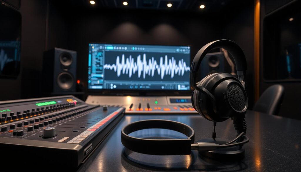 A professional audio engineer's workstation, with sleek metallic surfaces and glowing indicator lights. In the foreground, a pair of high-quality headphones and a state-of-the-art mixing console, meticulously arranged for precise audio manipulation. The middle ground features a large, high-resolution display showcasing a waveform visualization, subtly hinting at the complexities of vocal cloning technology. The background is a dimly lit studio environment, with subtle reflections of the equipment visible on the polished surfaces, creating a sense of depth and atmosphere. The overall mood is one of technological sophistication and artistic precision, reflecting the advancements in AI-powered audio optimization. A professional audio engineer's workstation, with sleek metallic surfaces and glowing indicator lights. In the foreground, a pair of high-quality headphones and a state-of-the-art mixing console, meticulously arranged for precise audio manipulation. The middle ground features a large, high-resolution display showcasing a waveform visualization, subtly hinting at the complexities of vocal cloning technology. The background is a dimly lit studio environment, with subtle reflections of the equipment visible on the polished surfaces, creating a sense of depth and atmosphere. The overall mood is one of technological sophistication and artistic precision, reflecting the advancements in AI-powered audio optimization.