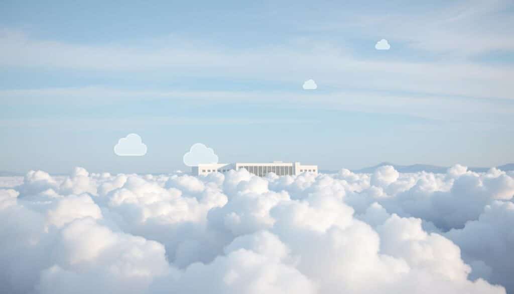 A serene cloud-like landscape, with fluffy white cumulus formations drifting across a soft blue sky. In the foreground, a collection of simple, minimalist cloud storage icons float weightlessly, their clean lines and pastel hues conveying a sense of effortless accessibility. The middle ground features a sleek, modern data center, its architectural lines and reflective surfaces giving an impression of security and reliability. In the background, a faint outline of rolling hills or mountains adds depth and a connection to the natural world. The overall mood is one of tranquility, balance, and the seamless integration of technology into the environment.