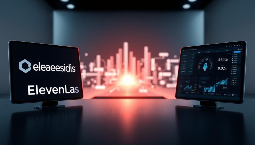 A side-by-side comparison of ElevenLabs and Murf AI voice generators, showcased in a stylish and professional manner. The foreground features detailed renderings of the two platforms' logos and user interfaces, captured from strategic angles to emphasize their unique design elements and capabilities. The middle ground depicts abstract, futuristic data visualizations, representing the underlying technology powering these advanced voice AI systems. The background sets a sleek, minimalist tone with subtle gradients and metallic textures, evoking a sense of innovation and cutting-edge innovation. Carefully balanced lighting and depth of field create a visually striking and informative illustration to complement the article's analysis. A side-by-side comparison of ElevenLabs and Murf AI voice generators, showcased in a stylish and professional manner. The foreground features detailed renderings of the two platforms' logos and user interfaces, captured from strategic angles to emphasize their unique design elements and capabilities. The middle ground depicts abstract, futuristic data visualizations, representing the underlying technology powering these advanced voice AI systems. The background sets a sleek, minimalist tone with subtle gradients and metallic textures, evoking a sense of innovation and cutting-edge innovation. Carefully balanced lighting and depth of field create a visually striking and informative illustration to complement the article's analysis.