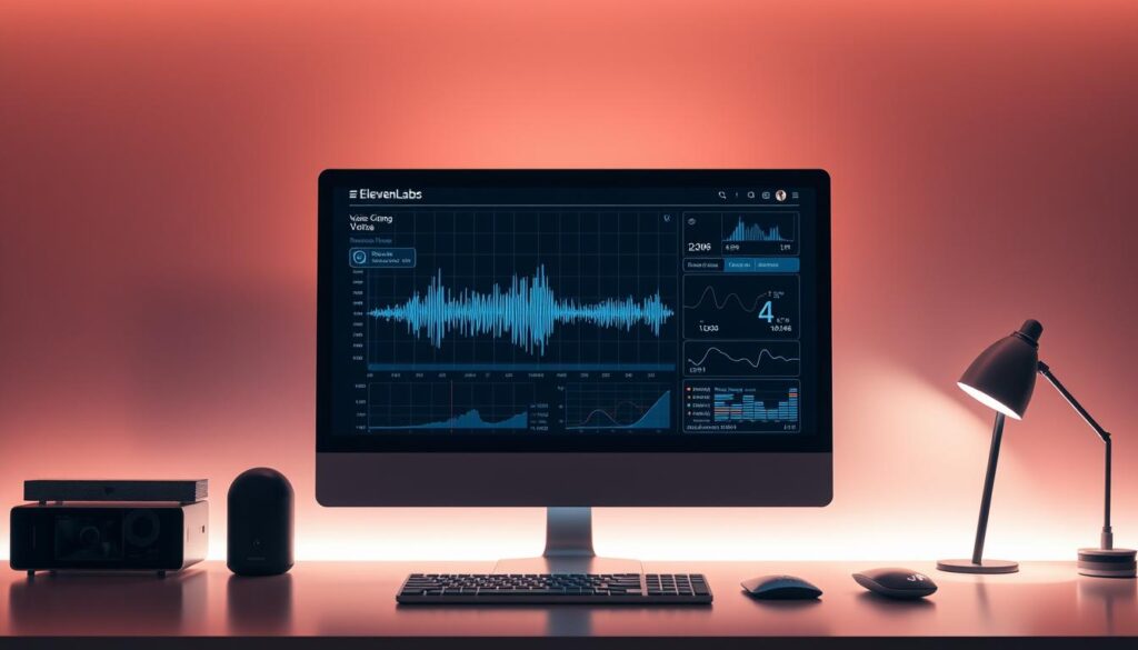 A sleek, futuristic workstation with a digital voice assistant interface floating above a high-resolution monitor. The screen displays a visual representation of the ElevenLabs voice cloning technology, featuring a waveform, spectrogram, and other audio visualizations. The scene is bathed in a warm, ambient lighting, creating a calm and focused atmosphere. The overall composition emphasizes the seamless integration of advanced voice technology into a modern, minimalist workspace. A sleek, futuristic workstation with a digital voice assistant interface floating above a high-resolution monitor. The screen displays a visual representation of the ElevenLabs voice cloning technology, featuring a waveform, spectrogram, and other audio visualizations. The scene is bathed in a warm, ambient lighting, creating a calm and focused atmosphere. The overall composition emphasizes the seamless integration of advanced voice technology into a modern, minimalist workspace.