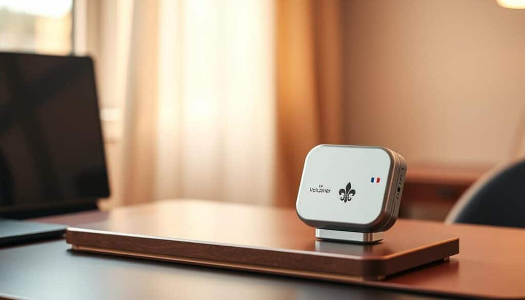 A sleek, modern-looking voice changer device sitting on a minimalist desk, against a backdrop of a warm, neutral-toned room. The device has a clean, metallic design with subtle French accents, such as a fleur-de-lis motif or a subtle tricolor pattern. Diffused, warm lighting from a nearby window casts a gentle glow, highlighting the device's premium materials and attention to detail. The overall composition conveys a sense of sophistication and high-quality technology, fitting the "Critères de sélection des alternatives" section of the article. A sleek, modern-looking voice changer device sitting on a minimalist desk, against a backdrop of a warm, neutral-toned room. The device has a clean, metallic design with subtle French accents, such as a fleur-de-lis motif or a subtle tricolor pattern. Diffused, warm lighting from a nearby window casts a gentle glow, highlighting the device's premium materials and attention to detail. The overall composition conveys a sense of sophistication and high-quality technology, fitting the "Critères de sélection des alternatives" section of the article.