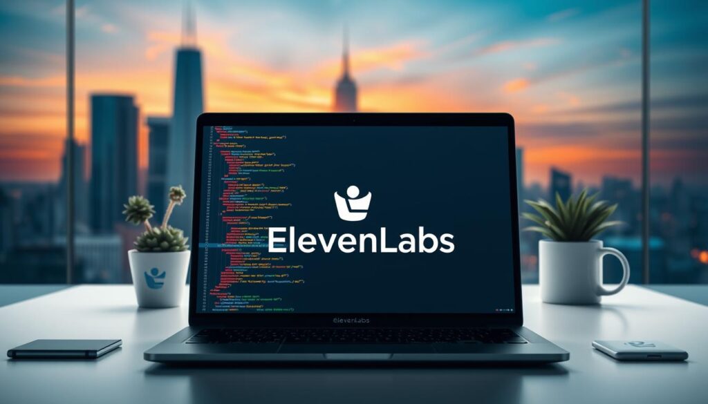 A sleek, modern web development scene with ElevenLabs at the center. The foreground features a stylized laptop screen displaying the ElevenLabs logo, surrounded by colorful programming code and UI elements. In the middle ground, a minimalist desk setup with a potted plant, coffee mug, and other developer tools. The background has a soft, blurred cityscape with skyscrapers and a vibrant sunset sky, creating a professional, forward-looking atmosphere. Bright, directional lighting illuminates the scene, casting dramatic shadows and highlights. The overall composition conveys the innovative and cutting-edge nature of ElevenLabs' web development capabilities. A sleek, modern web development scene with ElevenLabs at the center. The foreground features a stylized laptop screen displaying the ElevenLabs logo, surrounded by colorful programming code and UI elements. In the middle ground, a minimalist desk setup with a potted plant, coffee mug, and other developer tools. The background has a soft, blurred cityscape with skyscrapers and a vibrant sunset sky, creating a professional, forward-looking atmosphere. Bright, directional lighting illuminates the scene, casting dramatic shadows and highlights. The overall composition conveys the innovative and cutting-edge nature of ElevenLabs' web development capabilities.