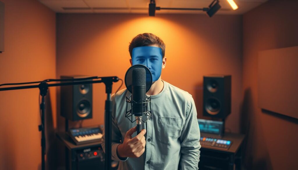 A studio setting with a person standing in front of a microphone, their face obscured by a digital overlay that allows for real-time voice modulation. The room is bathed in warm, diffused lighting, creating a professional, high-tech atmosphere. The subject's body language conveys a sense of control and experimentation, as they adjust the settings on a nearby audio interface. In the background, subtle digital visualizations pulse and shift, reflecting the dynamic nature of the voice-altering technology. The overall composition suggests a focus on the versatility and customization of the voice-modifying capabilities, hinting at the potential for creative expression and personalization. A studio setting with a person standing in front of a microphone, their face obscured by a digital overlay that allows for real-time voice modulation. The room is bathed in warm, diffused lighting, creating a professional, high-tech atmosphere. The subject's body language conveys a sense of control and experimentation, as they adjust the settings on a nearby audio interface. In the background, subtle digital visualizations pulse and shift, reflecting the dynamic nature of the voice-altering technology. The overall composition suggests a focus on the versatility and customization of the voice-modifying capabilities, hinting at the potential for creative expression and personalization.