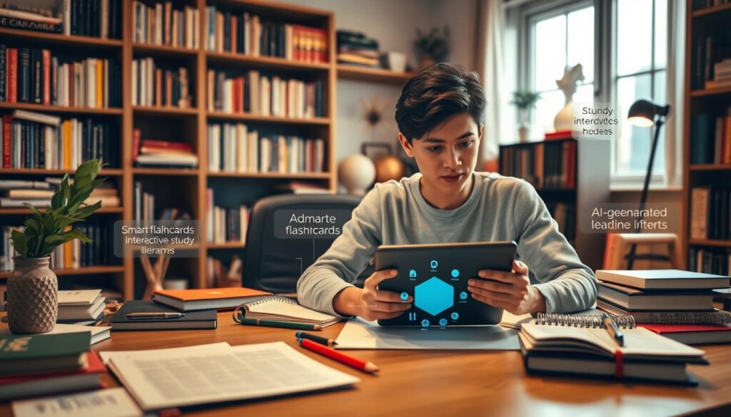 A study-focused workspace in a cozy, well-lit home office. On the desk, an array of digital AI-powered study tools and apps - smart flashcards, interactive notes, personalized learning algorithms, and AI-generated summaries. Bookshelves line the walls, filled with textbooks and academic references. Warm lighting casts a focused, productive atmosphere. In the foreground, a student intently interacts with a tablet, optimizing their study routine with the help of these innovative AI-powered study applications.