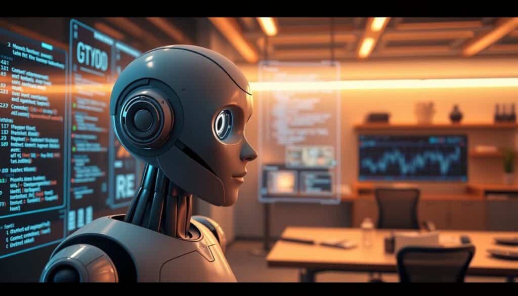 A visually captivating scene of a chatbot creation process. In the foreground, a detailed 3D model of a chatbot with an intelligent, lifelike expression animates and interacts with a human developer. The middle ground features a holographic user interface with various coding elements, algorithms, and data visualizations. The background showcases a futuristic, minimalist workspace with sleek technological fixtures, warm lighting, and a serene atmosphere. The overall composition conveys a sense of innovation, collaboration, and the seamless integration of human and artificial intelligence. Rendered with photorealistic details, high-quality textures, and a cinematic depth of field. A visually captivating scene of a chatbot creation process. In the foreground, a detailed 3D model of a chatbot with an intelligent, lifelike expression animates and interacts with a human developer. The middle ground features a holographic user interface with various coding elements, algorithms, and data visualizations. The background showcases a futuristic, minimalist workspace with sleek technological fixtures, warm lighting, and a serene atmosphere. The overall composition conveys a sense of innovation, collaboration, and the seamless integration of human and artificial intelligence. Rendered with photorealistic details, high-quality textures, and a cinematic depth of field.