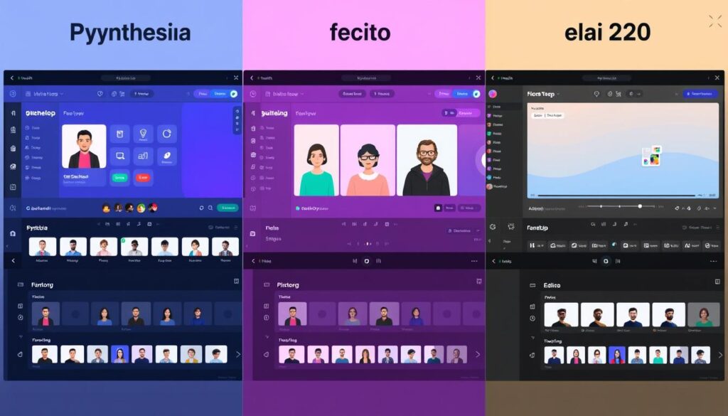 Comparaison visuelle des interfaces de Synthesia, Pictory et Elai.io en 2025