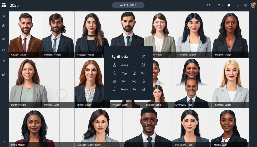 Galerie d'avatars Synthesia disponibles en 2025 avec différentes ethnies et styles