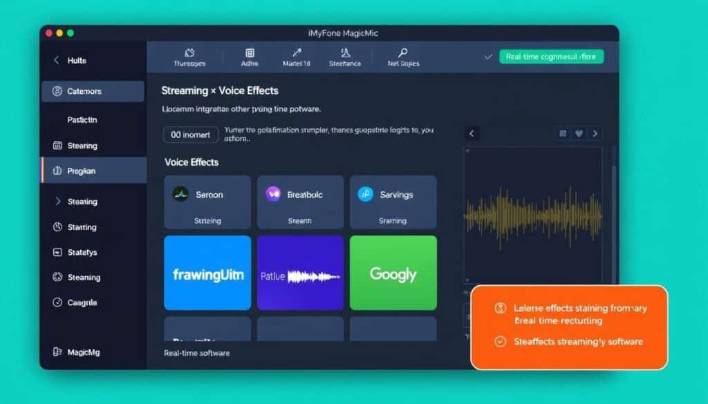 Interface de iMyFone MagicMic montrant les effets vocaux et la compatibilité avec les plateformes de streaming