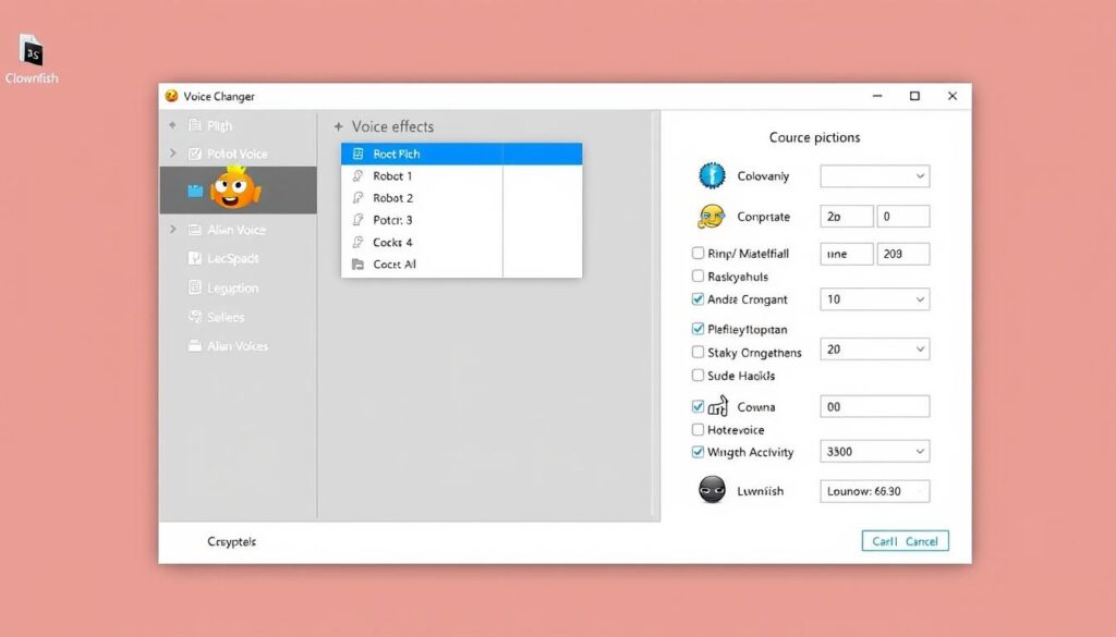 Interface minimaliste de Clownfish Voice Changer montrant les options de modification vocale en temps réel
